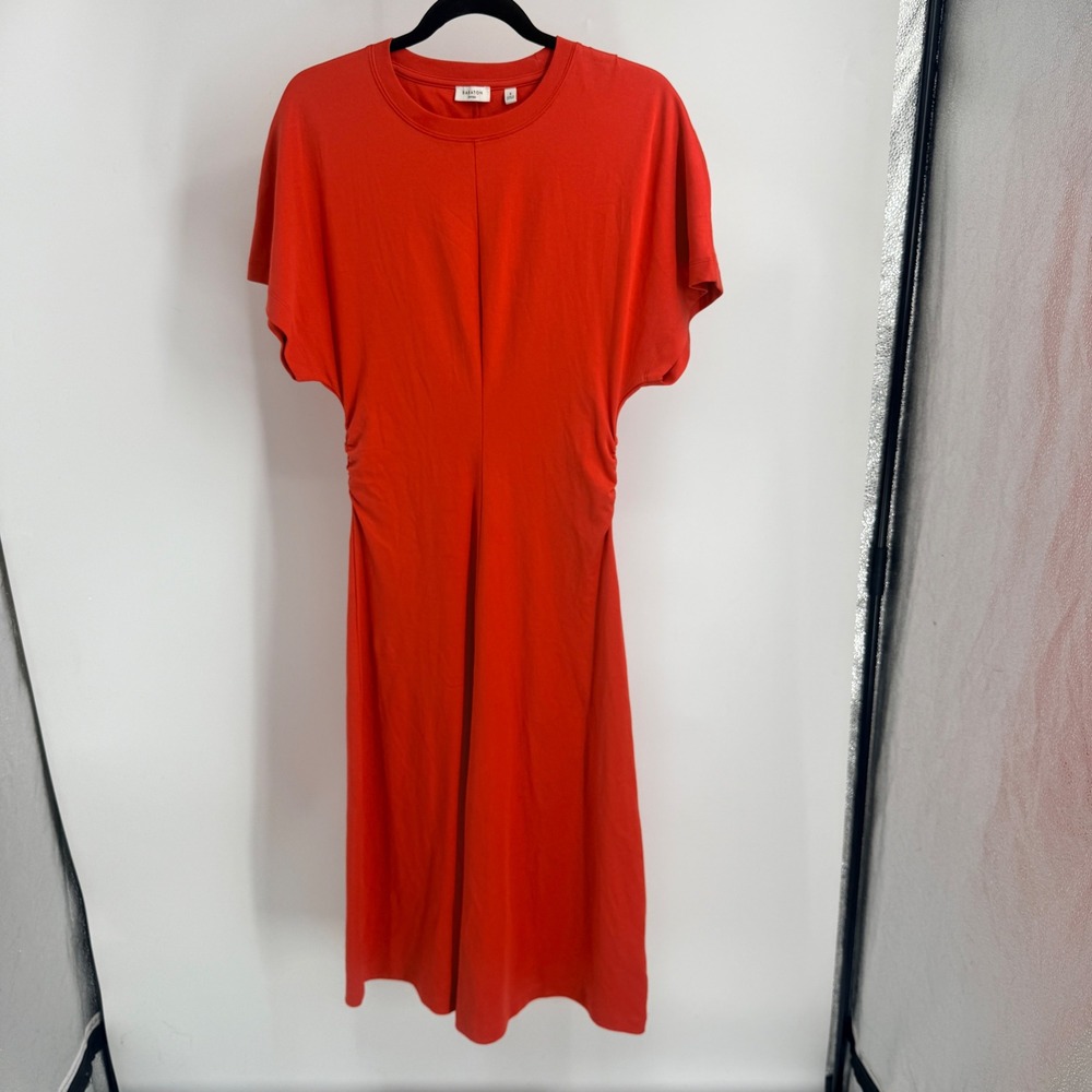 Babaton Aritzia Red Orange Ruched Side Midi T-Shirt Dress S Short Sleeve Waist